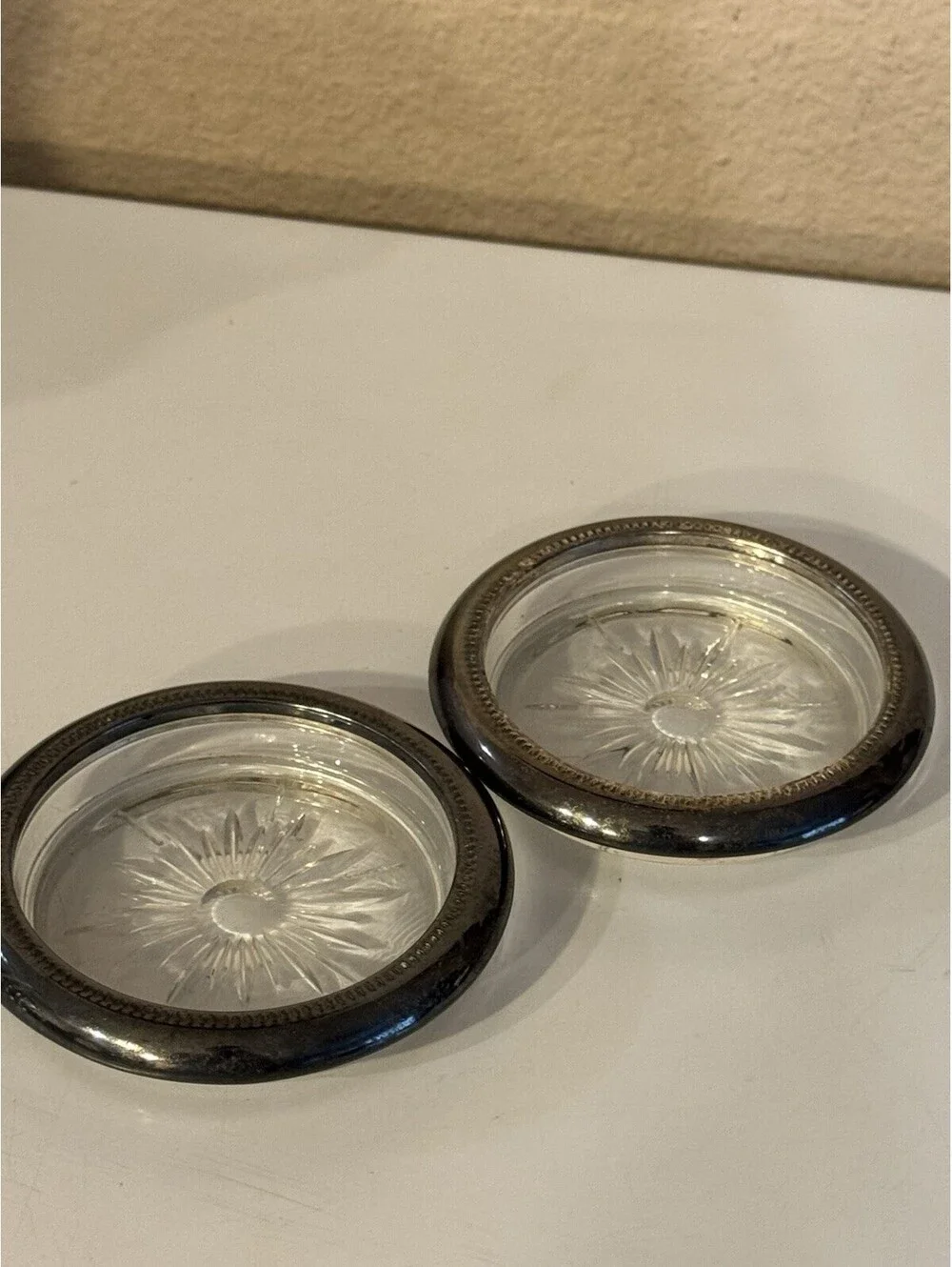 Set of 2 Round Glass & Metal Coasters Silver Plate, Italy, Starburst Pattern